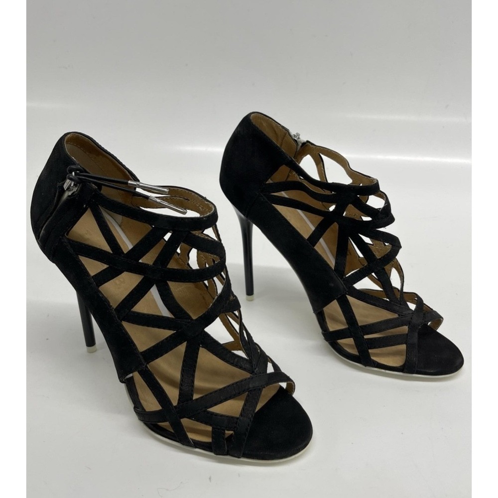 L.A.M.B. Black Suede Cage Stiletto Sandals Shoes Side Zip Heels Women 8M - Picture 8 of 8